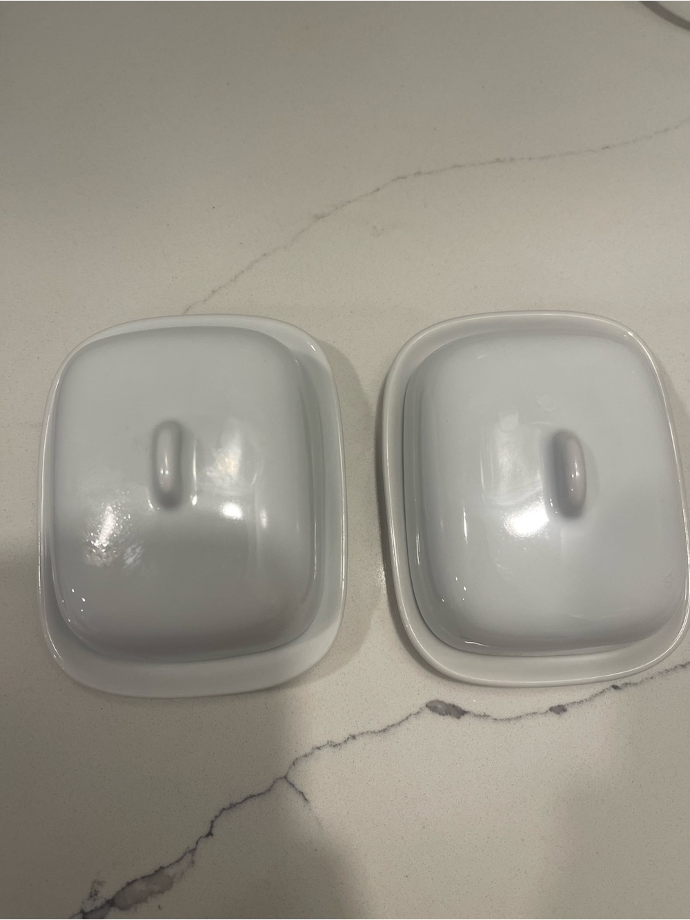 Set of 2 small Vintage White Ceramic Butter Dishes with Lids
